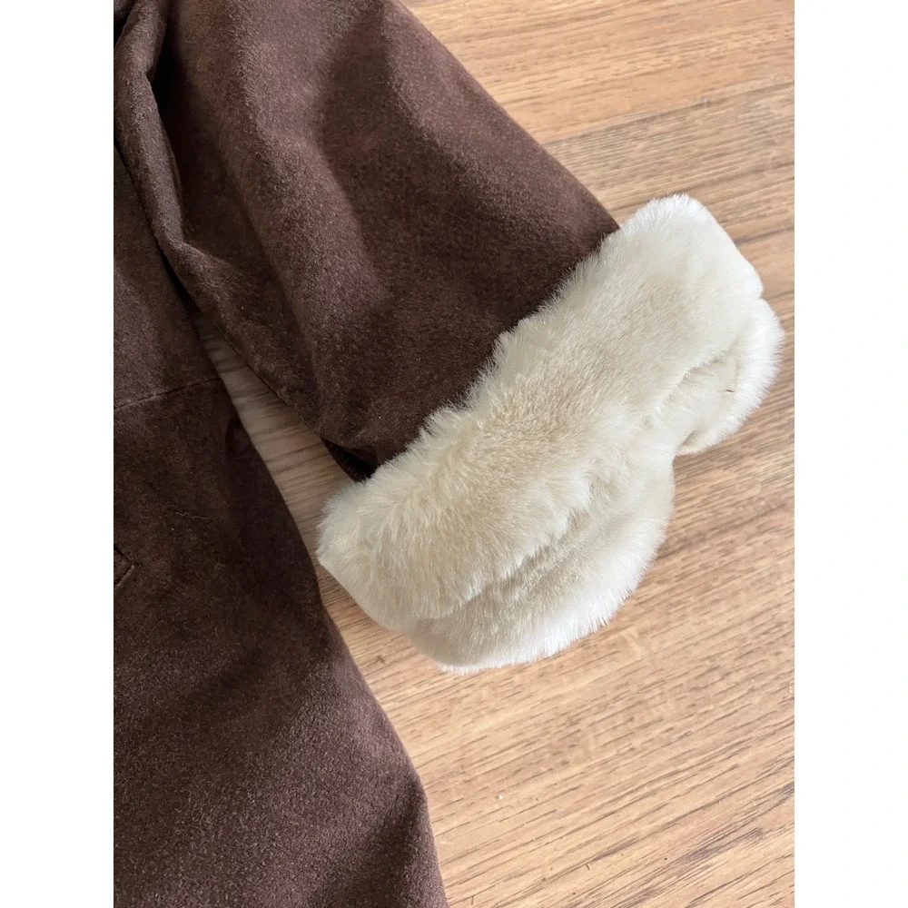 Vintage Wilsons Suede Leather Coat Womens L Brown Faux Fur Trim Hooded Excellent